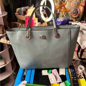 Coach Leather Tote - Light Gray Blue with Silver Hardware